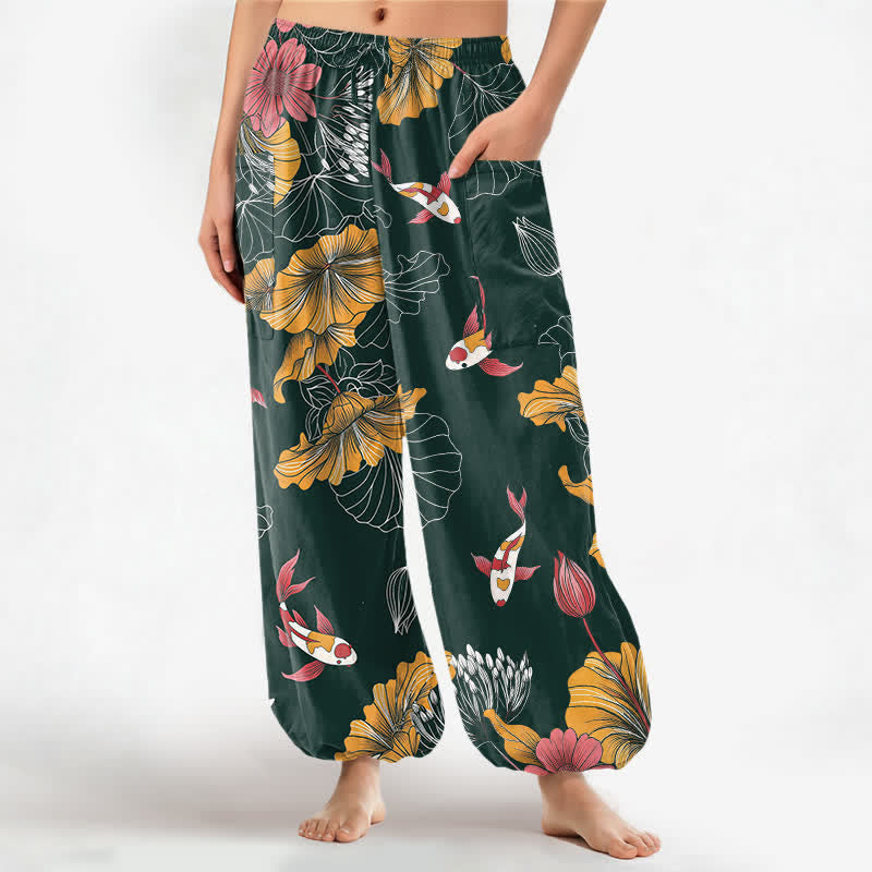Buddha Stones Cotton Vintage Lotus Koi Floral Pattern Women's Elastic Waist Harem Pants With Side Pockets - DarkGreen - US16,UK/AU20,EU48 (3XL) - image 0