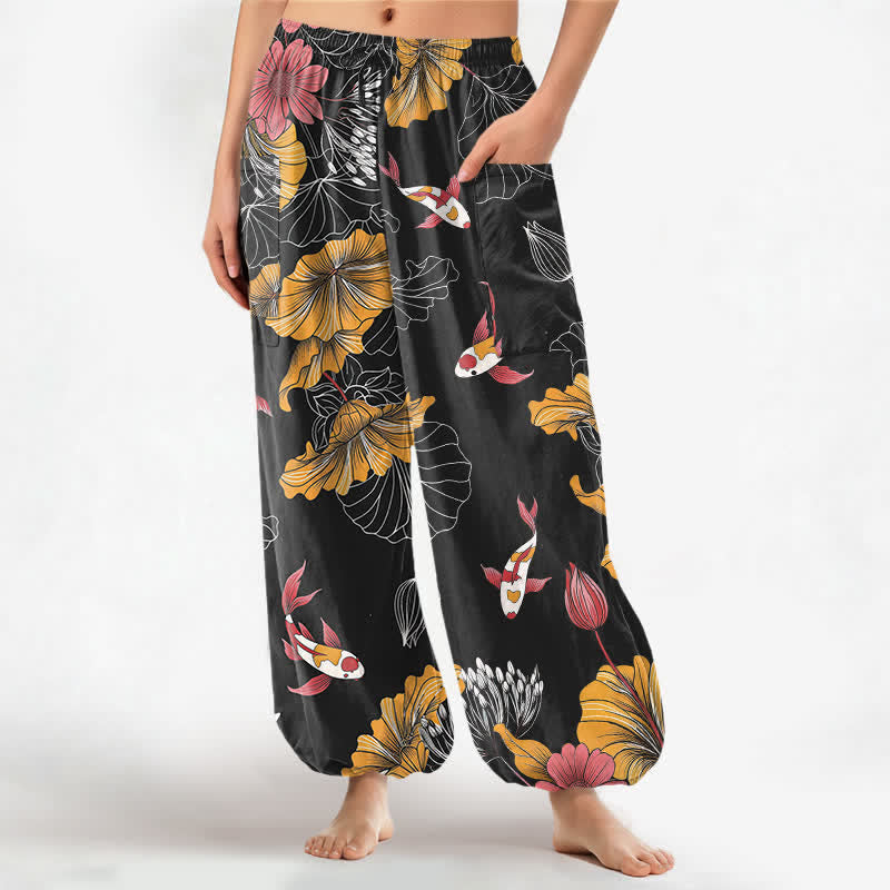 Buddha Stones Cotton Vintage Lotus Koi Floral Pattern Women's Elastic Waist Harem Pants With Side Pockets - Black - US16,UK/AU20,EU48 (3XL) - image 7