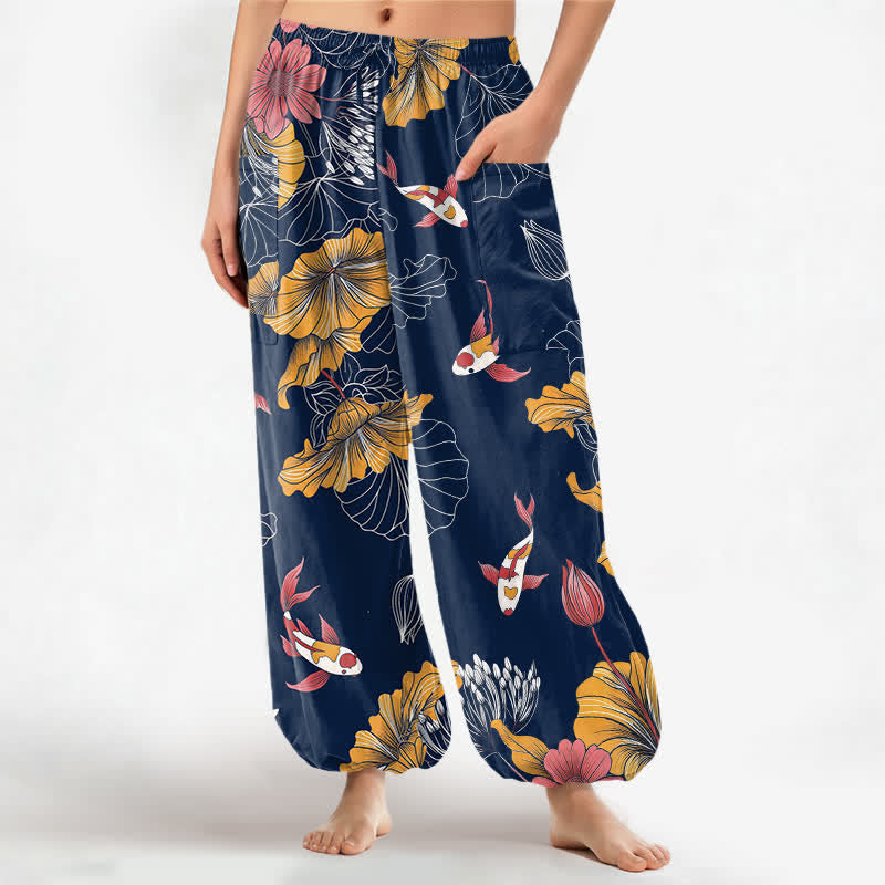 Buddha Stones Cotton Vintage Lotus Koi Floral Pattern Women's Elastic Waist Harem Pants With Side Pockets - Navy - US16,UK/AU20,EU48 (3XL) - image 10