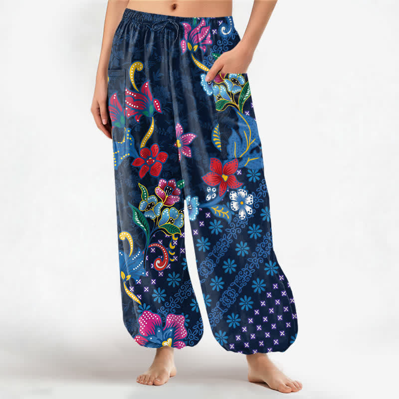 Buddha Stones Cotton Ethnic Bloom Geometric Pattern Women's Elastic Waist Harem Pants With Side Pockets - Navy - US16,UK/AU20,EU48 (3XL) - image 0