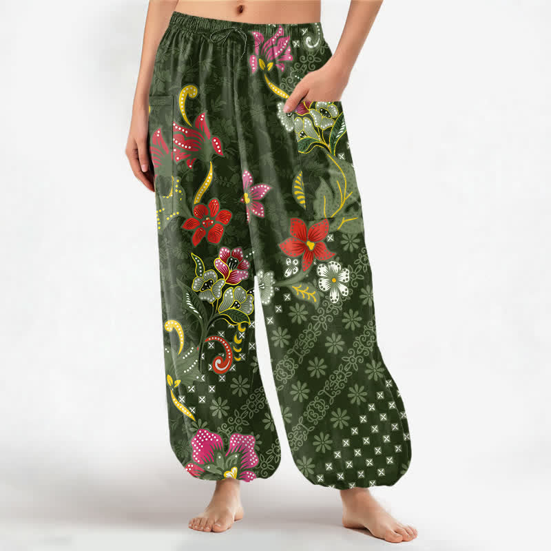 Buddha Stones Cotton Ethnic Bloom Geometric Pattern Women's Elastic Waist Harem Pants With Side Pockets - DarkOliveGreen - US16,UK/AU20,EU48 (3XL) - image 7
