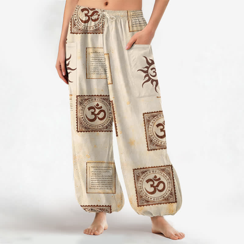 Buddha Stones Cotton Vintage Om Sun Pattern Women's Elastic Waist Harem Pants With Side Pockets - Beige - US16,UK/AU20,EU48 (3XL) - image 0