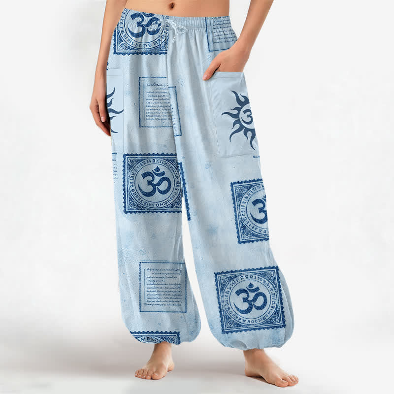 Buddha Stones Cotton Vintage Om Sun Pattern Women's Elastic Waist Harem Pants With Side Pockets - LightSkyBlue - US16,UK/AU20,EU48 (3XL) - image 7