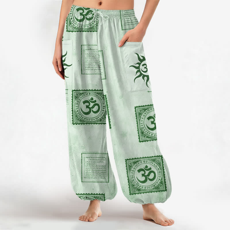 Buddha Stones Cotton Vintage Om Sun Pattern Women's Elastic Waist Harem Pants With Side Pockets - Aquamarine - US16,UK/AU20,EU48 (3XL) - image 10
