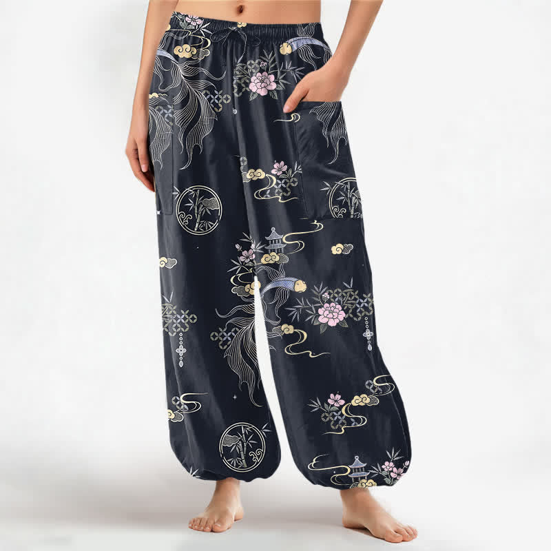 Buddha Stones Cotton Koi Fish Bamboo Cloud Pattern Women's Elastic Waist Harem Pants With Side Pockets - Black - US16,UK/AU20,EU48 (3XL) - image 0