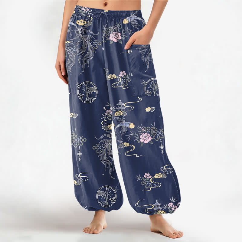 Buddha Stones Cotton Koi Fish Bamboo Cloud Pattern Women's Elastic Waist Harem Pants With Side Pockets - Navy - US16,UK/AU20,EU48 (3XL) - image 7