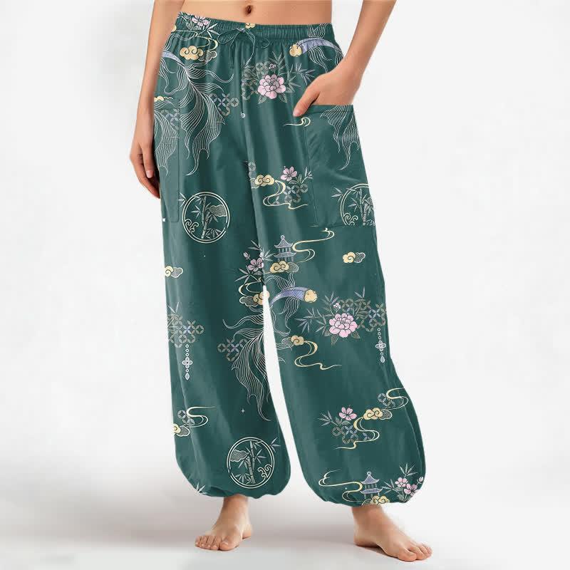 Buddha Stones Cotton Koi Fish Bamboo Cloud Pattern Women's Elastic Waist Harem Pants With Side Pockets - Teal - US16,UK/AU20,EU48 (3XL) - image 10