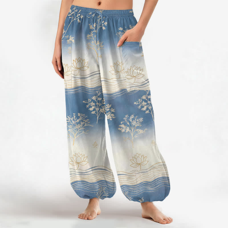 Buddha Stones Cotton Lotus Wave Pattern Women's Elastic Waist Harem Pants With Side Pockets - CornflowerBlue - US16,UK/AU20,EU48 (3XL) - image 0
