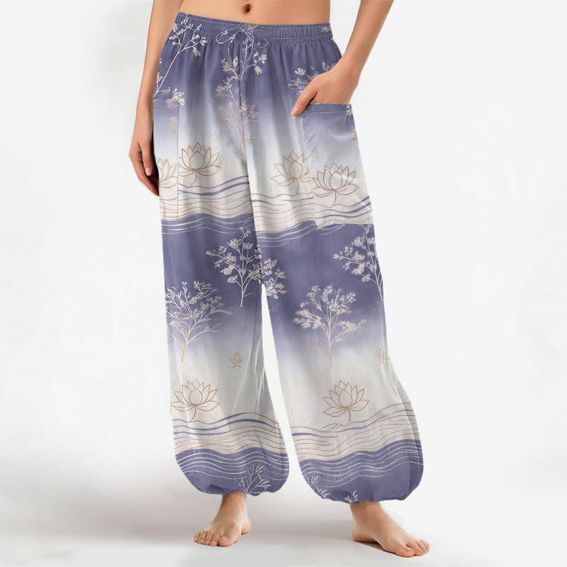 Buddha Stones Cotton Lotus Wave Pattern Women's Elastic Waist Harem Pants With Side Pockets - MediumPurple - US16,UK/AU20,EU48 (3XL) - image 7