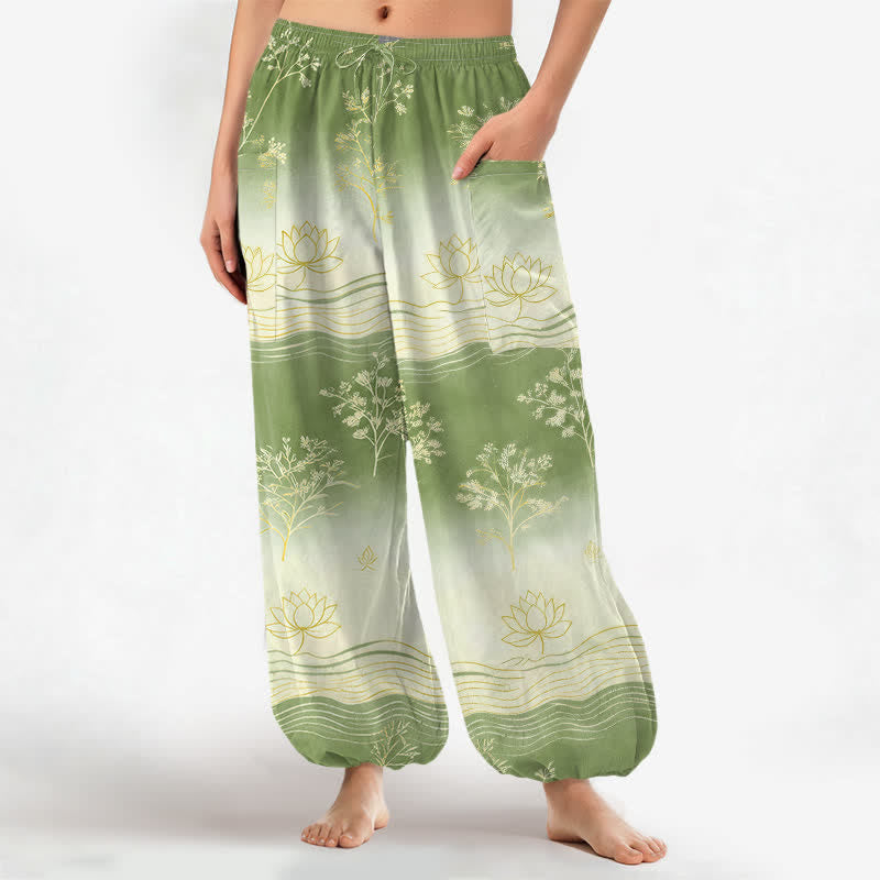 Buddha Stones Cotton Lotus Wave Pattern Women's Elastic Waist Harem Pants With Side Pockets - PaleGreen - US16,UK/AU20,EU48 (3XL) - image 10