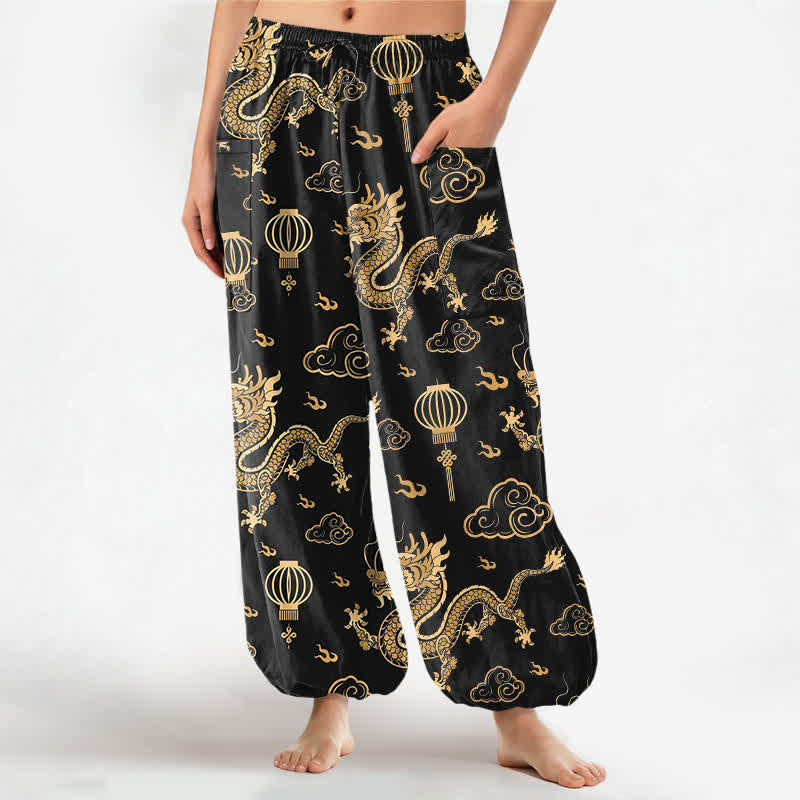 Buddha Stones Cotton Golden Dragon Lantern Pattern Women's Elastic Waist Harem Pants With Side Pockets - Black - US16,UK/AU20,EU48 (3XL) - image 0