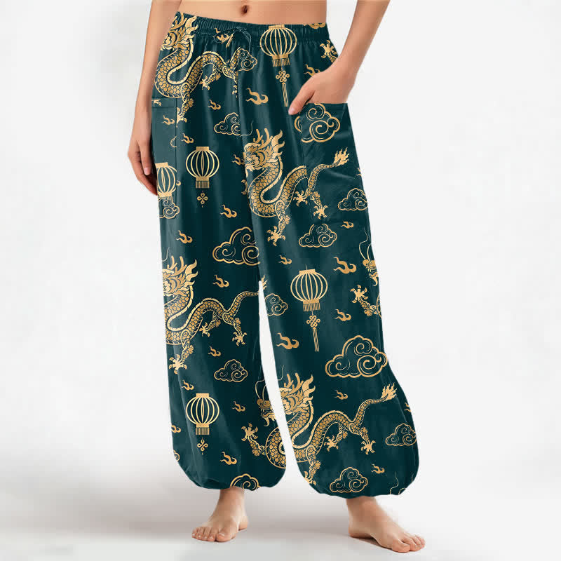 Buddha Stones Cotton Golden Dragon Lantern Pattern Women's Elastic Waist Harem Pants With Side Pockets - Teal - US16,UK/AU20,EU48 (3XL) - image 7