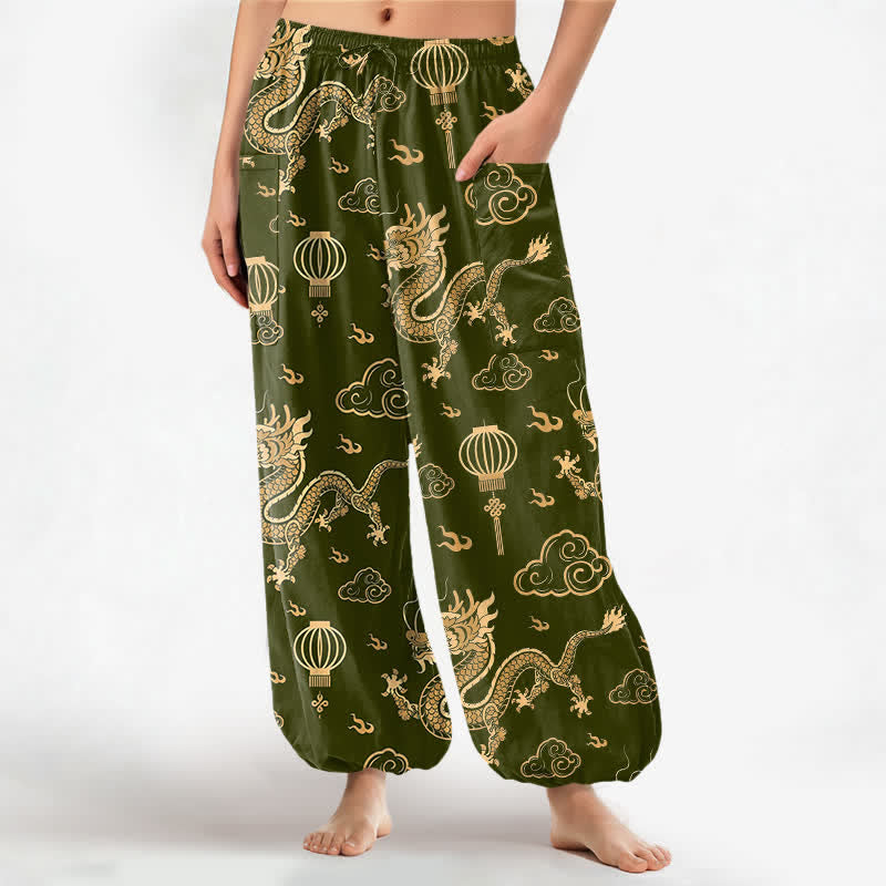 Buddha Stones Cotton Golden Dragon Lantern Pattern Women's Elastic Waist Harem Pants With Side Pockets - DarkOliveGreen - US16,UK/AU20,EU48 (3XL) - image 10