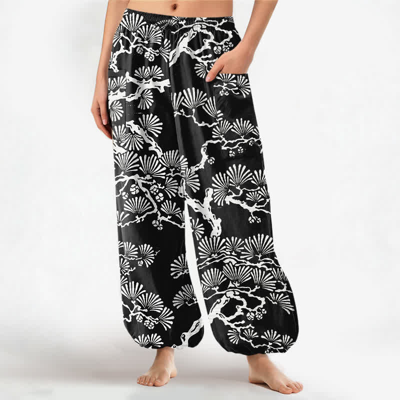 Buddha Stones Cotton Oriental Foliage Pattern Women's Elastic Waist Harem Pants With Side Pockets - Black - US16,UK/AU20,EU48 (3XL) - image 0