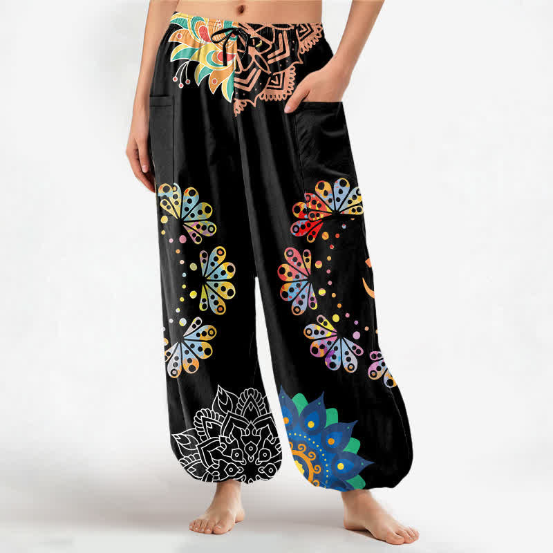 Buddha Stones Cotton Mandala Lotus OM Pattern Women's Elastic Waist Harem Pants With Side Pockets - Black - US16,UK/AU20,EU48 (3XL) - image 0