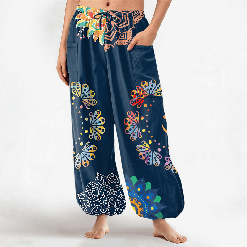 Buddha Stones Cotton Mandala Lotus OM Pattern Women's Elastic Waist Harem Pants With Side Pockets - Navy - US16,UK/AU20,EU48 (3XL) - image 7