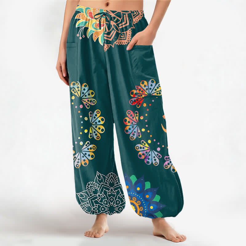 Buddha Stones Cotton Mandala Lotus OM Pattern Women's Elastic Waist Harem Pants With Side Pockets - Teal - US16,UK/AU20,EU48 (3XL) - image 10
