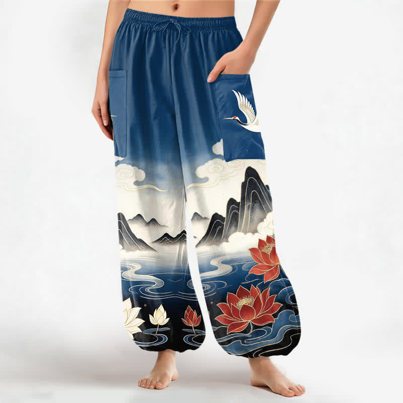 Buddha Stones Cotton Oriental Landscape Lotus Crane Pattern Women's Elastic Waist Harem Pants With Side Pockets - SteelBlue - US16,UK/AU20,EU48 (3XL) - image 0