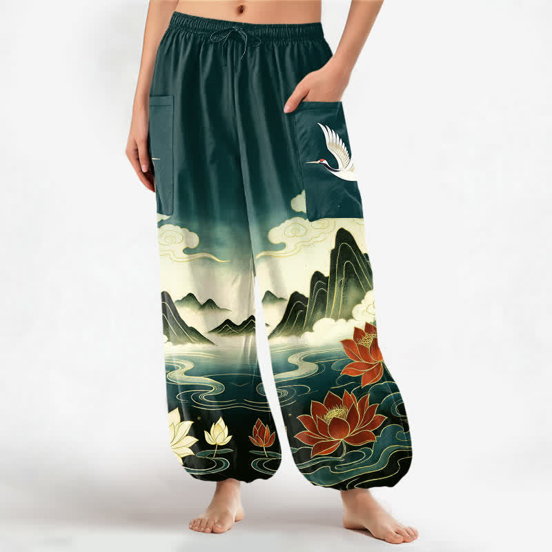 Buddha Stones Cotton Oriental Landscape Lotus Crane Pattern Women's Elastic Waist Harem Pants With Side Pockets - Teal - US16,UK/AU20,EU48 (3XL) - image 7
