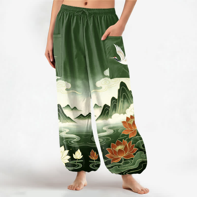 Buddha Stones Cotton Oriental Landscape Lotus Crane Pattern Women's Elastic Waist Harem Pants With Side Pockets - SeaGreen - US16,UK/AU20,EU48 (3XL) - image 10