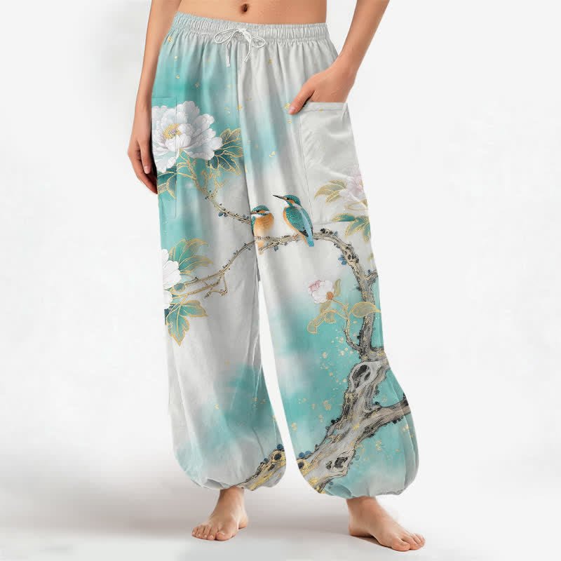 Buddha Stones Cotton Peony Bird Garden Pattern Women's Elastic Waist Harem Pants With Side Pockets - Turquoise - US16,UK/AU20,EU48 (3XL) - image 0