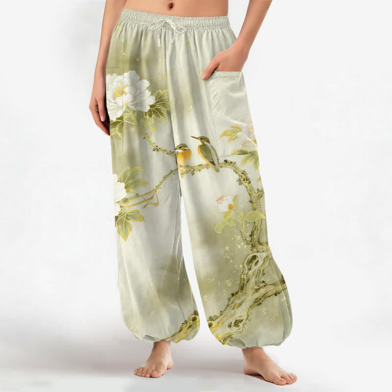 Buddha Stones Cotton Peony Bird Garden Pattern Women's Elastic Waist Harem Pants With Side Pockets - YellowGreen - US16,UK/AU20,EU48 (3XL) - image 7
