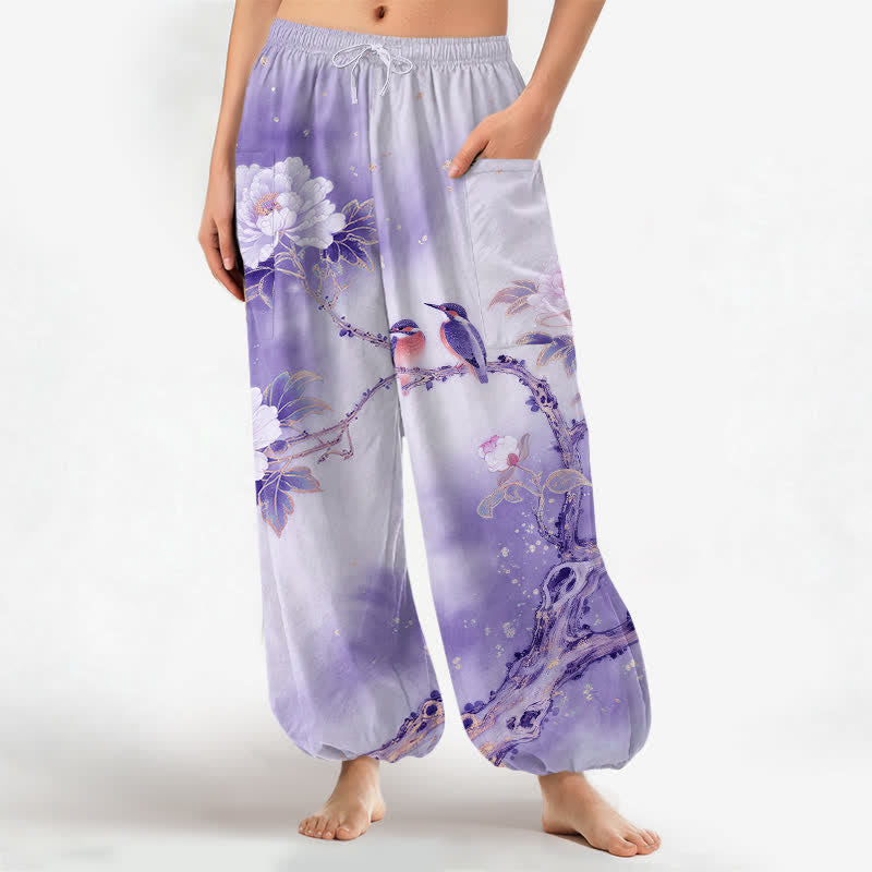 Buddha Stones Cotton Peony Bird Garden Pattern Women's Elastic Waist Harem Pants With Side Pockets - MediumPurple - US16,UK/AU20,EU48 (3XL) - image 10