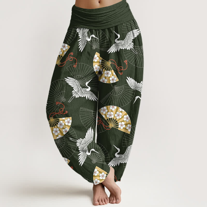 Buddha Stones Cotton Oriental Crane Fan Pattern Women's Elastic Waist Harem Pants - DarkGreen - US16,UK/AU20,EU48 (3XL) - image 0