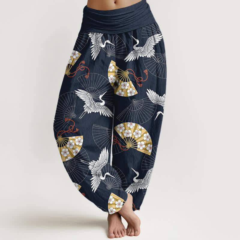 Buddha Stones Cotton Oriental Crane Fan Pattern Women's Elastic Waist Harem Pants - MidnightBlue - US16,UK/AU20,EU48 (3XL) - image 5