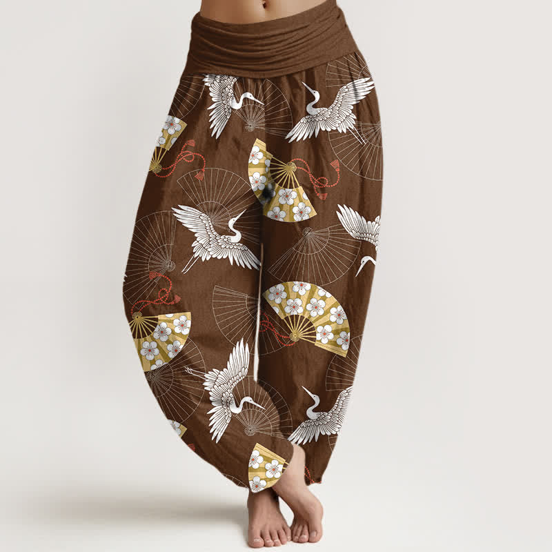Buddha Stones Cotton Oriental Crane Fan Pattern Women's Elastic Waist Harem Pants - SaddleBrown - US16,UK/AU20,EU48 (3XL) - image 8
