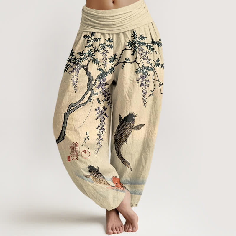 Buddha Stones Cotton Koi Wisteria Pattern Women's Elastic Waist Harem Pants - LemonChiffon - US16,UK/AU20,EU48 (3XL) - image 0