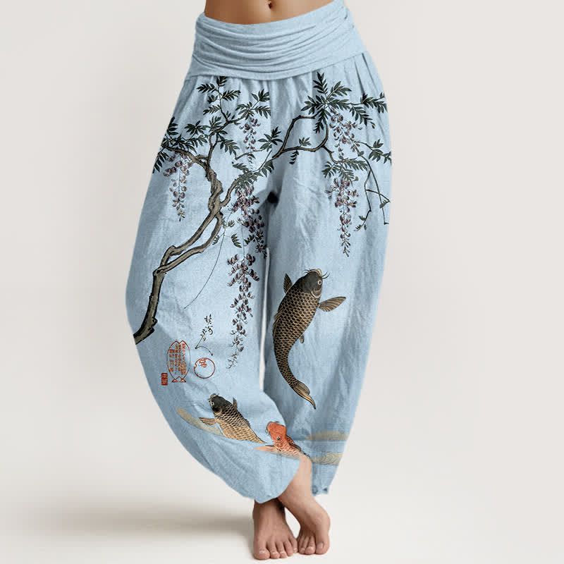 Buddha Stones Cotton Koi Wisteria Pattern Women's Elastic Waist Harem Pants - LightSkyBlue - US16,UK/AU20,EU48 (3XL) - image 5