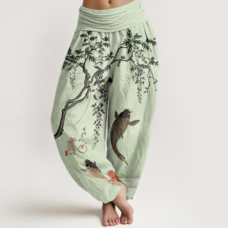 Buddha Stones Cotton Koi Wisteria Pattern Women's Elastic Waist Harem Pants - PaleGreen - US16,UK/AU20,EU48 (3XL) - image 8