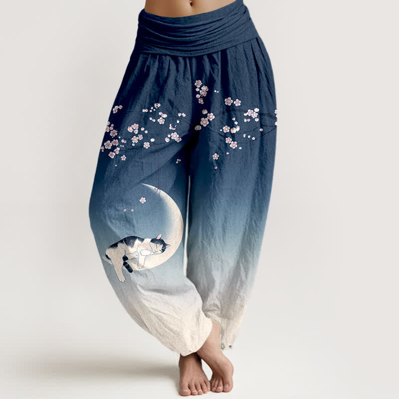 Buddha Stones Cotton Sakura Moon Cat Pattern Women's Elastic Waist Harem Pants - Navy - US16,UK/AU20,EU48 (3XL) - image 0