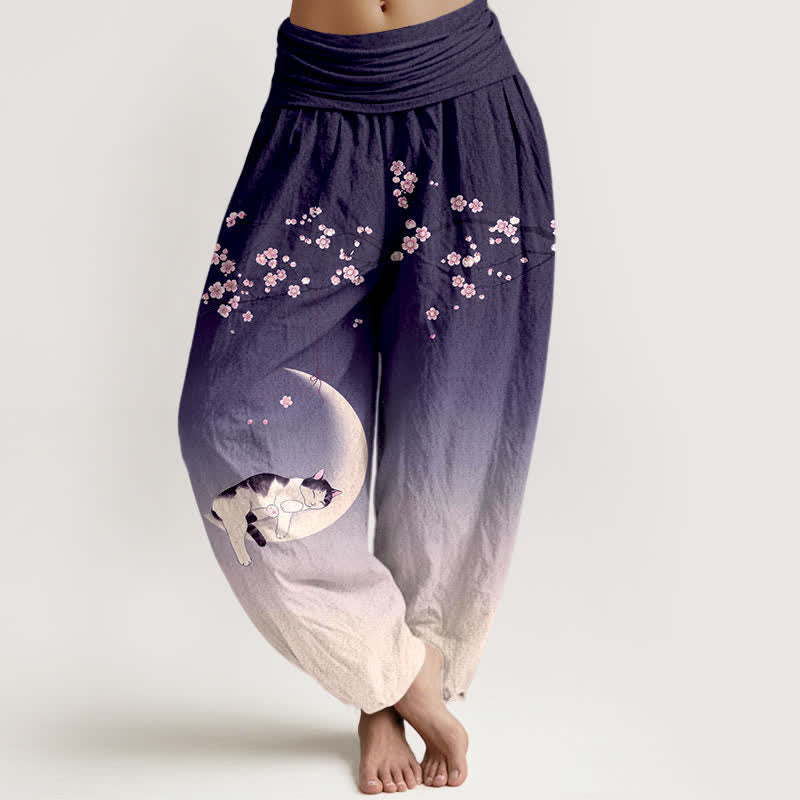 Buddha Stones Cotton Sakura Moon Cat Pattern Women's Elastic Waist Harem Pants - Indigo - US16,UK/AU20,EU48 (3XL) - image 5