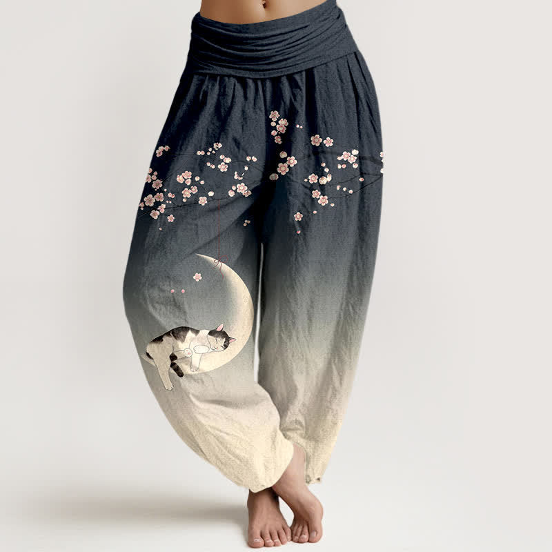Buddha Stones Cotton Sakura Moon Cat Pattern Women's Elastic Waist Harem Pants - SlateGray - US16,UK/AU20,EU48 (3XL) - image 8