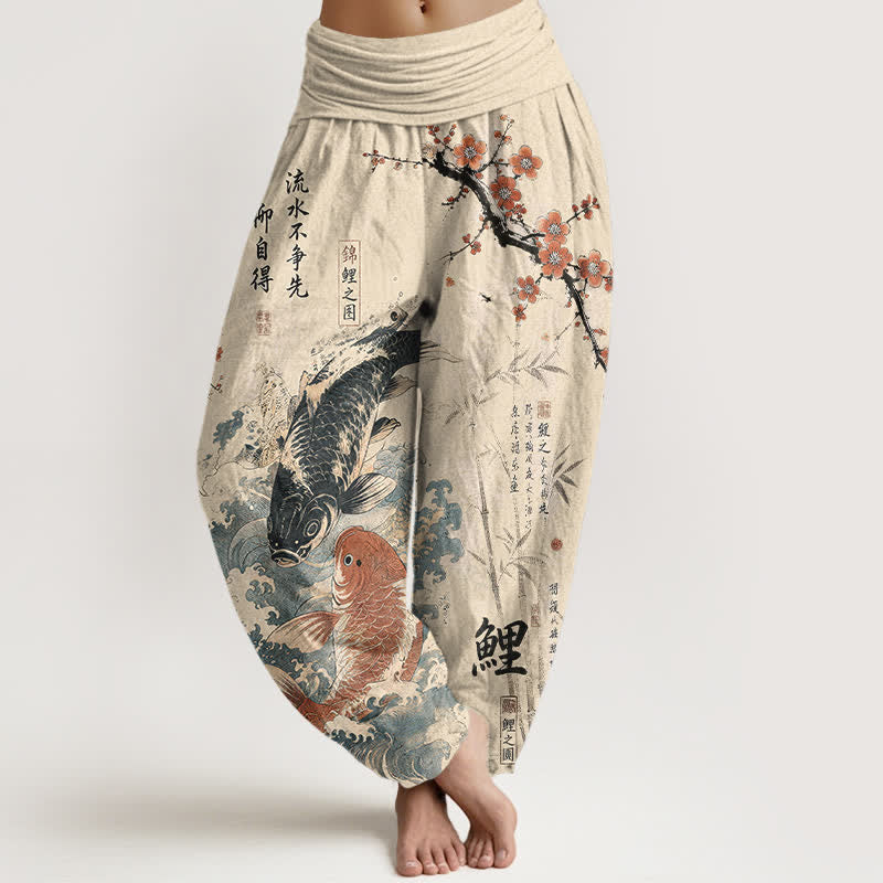 Buddha Stones Cotton Koi Fish Calligraphy Pattern Women's Elastic Waist Harem Pants - Beige - US16,UK/AU20,EU48 (3XL) - image 0