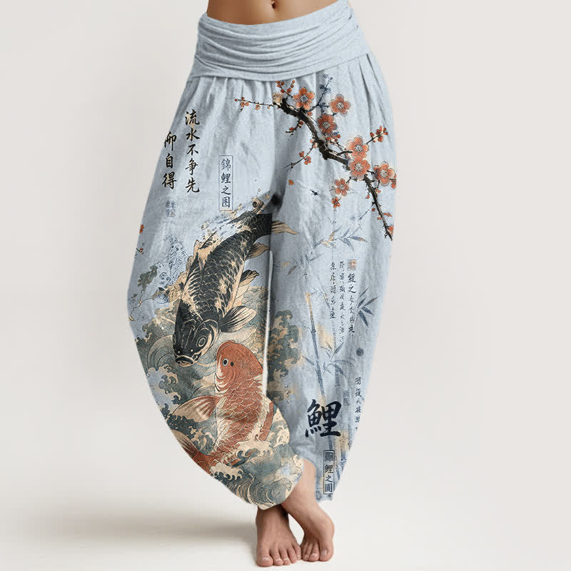 Buddha Stones Cotton Koi Fish Calligraphy Pattern Women's Elastic Waist Harem Pants - LightSkyBlue - US16,UK/AU20,EU48 (3XL) - image 5