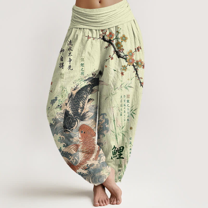 Buddha Stones Cotton Koi Fish Calligraphy Pattern Women's Elastic Waist Harem Pants - Honeydew - US16,UK/AU20,EU48 (3XL) - image 8