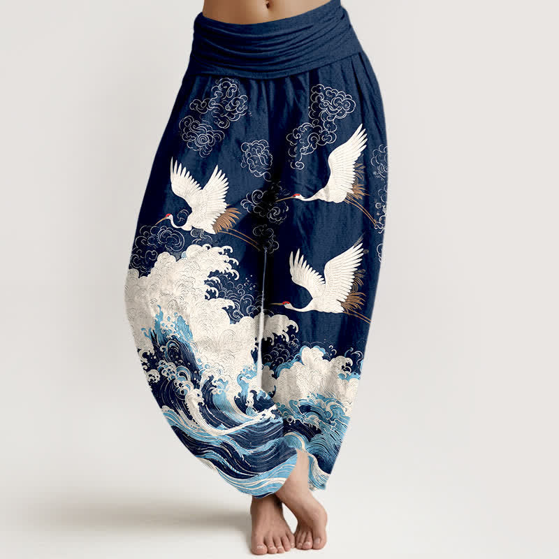 Buddha Stones Cotton Crane Cloud Wave Pattern Women's Elastic Waist Harem Pants - Navy - US16,UK/AU20,EU48 (3XL) - image 0