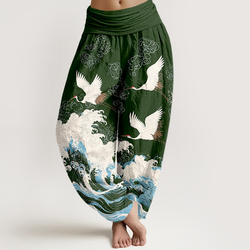 Buddha Stones Cotton Crane Cloud Wave Pattern Women's Elastic Waist Harem Pants - DarkGreen - US16,UK/AU20,EU48 (3XL) - image 5