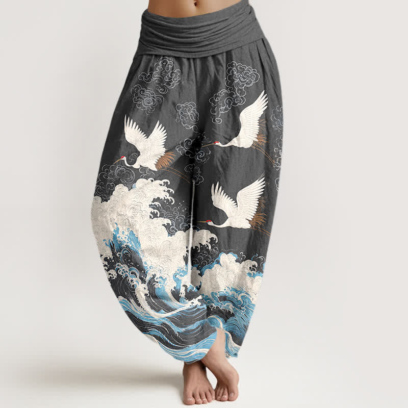 Buddha Stones Cotton Crane Cloud Wave Pattern Women's Elastic Waist Harem Pants - DimGray - US16,UK/AU20,EU48 (3XL) - image 8