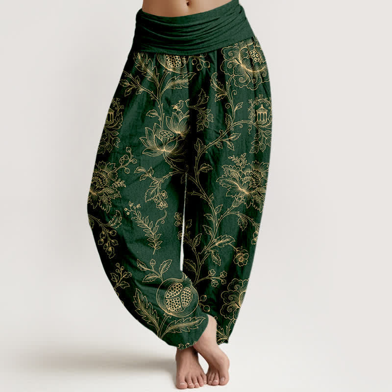 Buddha Stones Cotton Golden Floral Vine Pattern Women's Elastic Waist Harem Pants - DarkGreen - US16,UK/AU20,EU48 (3XL) - image 0