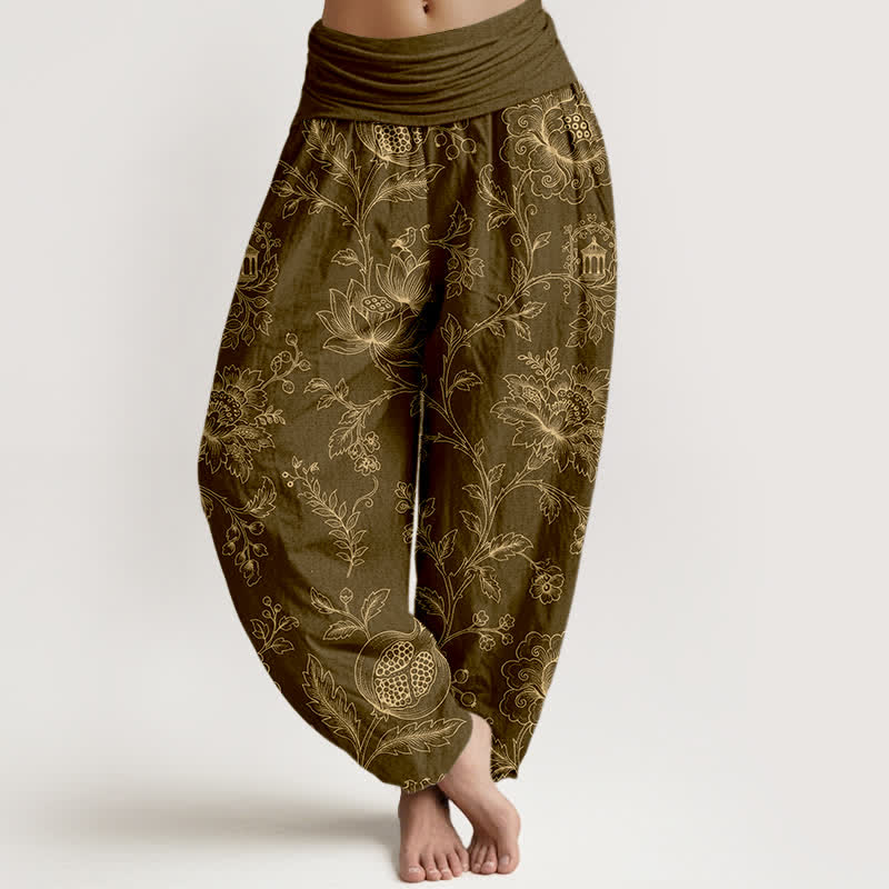 Buddha Stones Cotton Golden Floral Vine Pattern Women's Elastic Waist Harem Pants - Olive - US16,UK/AU20,EU48 (3XL) - image 5