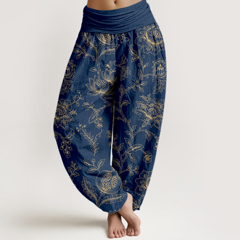 Buddha Stones Cotton Golden Floral Vine Pattern Women's Elastic Waist Harem Pants - Navy - US16,UK/AU20,EU48 (3XL) - image 8