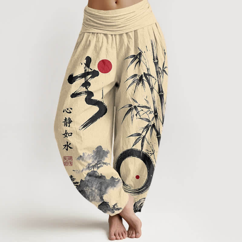 Buddha Stones Cotton Bamboo Ink Landscape Pattern Women's Elastic Waist Harem Pants - LemonChiffon - US16,UK/AU20,EU48 (3XL) - image 0