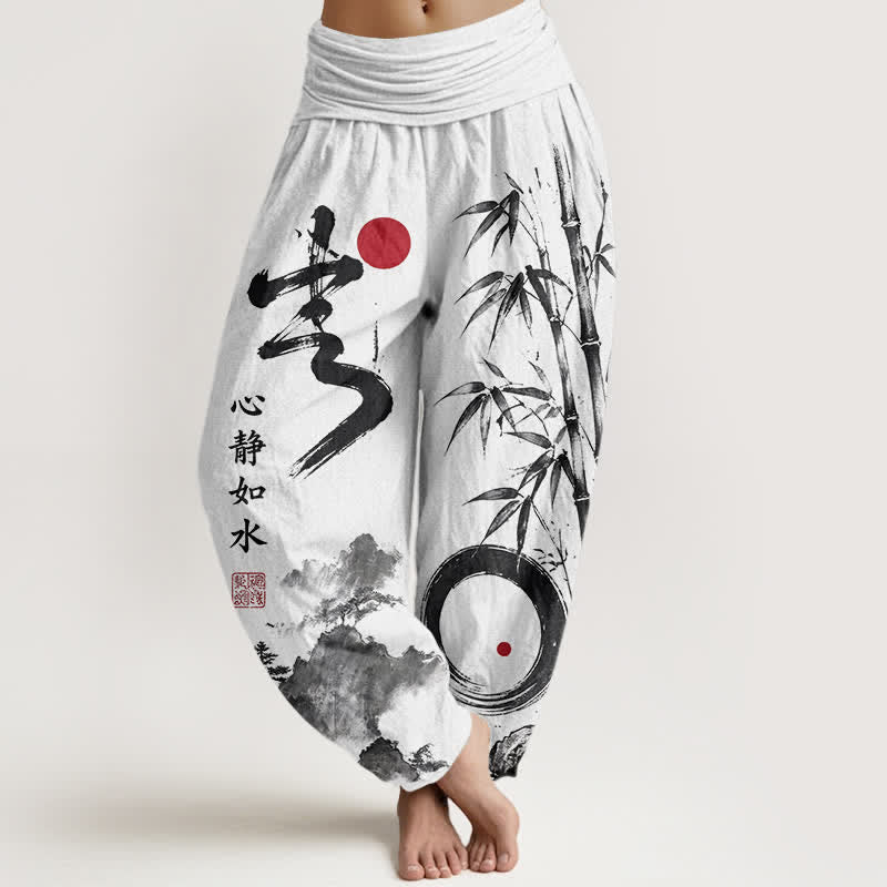 Buddha Stones Cotton Bamboo Ink Landscape Pattern Women's Elastic Waist Harem Pants - White - US16,UK/AU20,EU48 (3XL) - image 5
