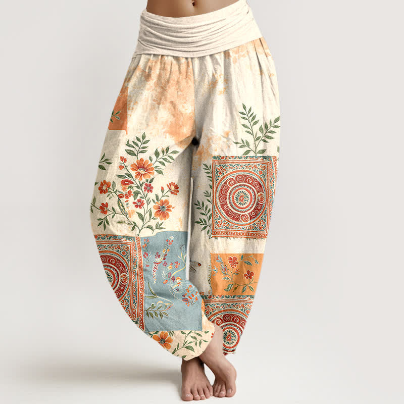 Buddha Stones Cotton Bohemian Floral Patchwork Pattern Women's Elastic Waist Harem Pants - Ivory - US16,UK/AU20,EU48 (3XL) - image 0