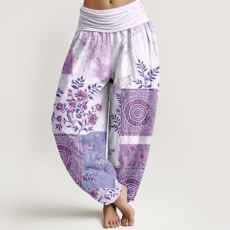 Buddha Stones Cotton Bohemian Floral Patchwork Pattern Women's Elastic Waist Harem Pants - Lavender - US16,UK/AU20,EU48 (3XL) - image 8