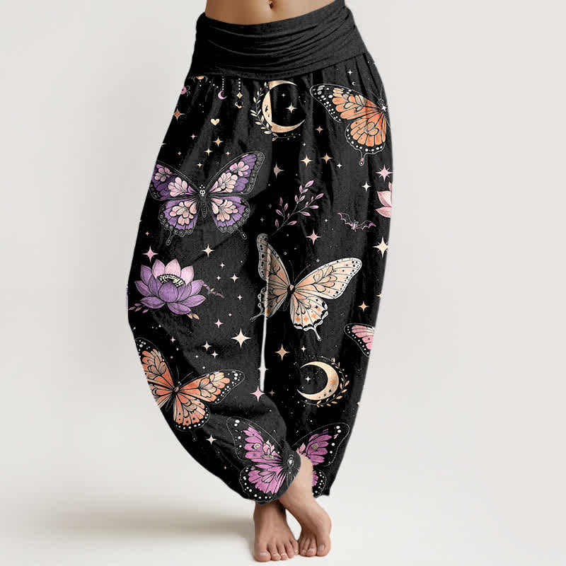 Buddha Stones Cotton Butterfly Moon Lotus Pattern Women's Elastic Waist Harem Pants - Black - US16,UK/AU20,EU48 (3XL) - image 0